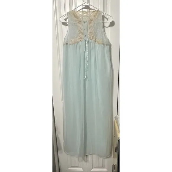 Vintage Blue Nightgown Button Neck Lace Applique Sleeveless Midi Length 2 Layer