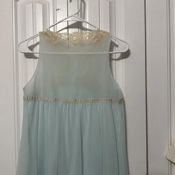 Vintage Blue Nightgown Button Neck Lace Applique Sleeveless Midi Length 2 Layer