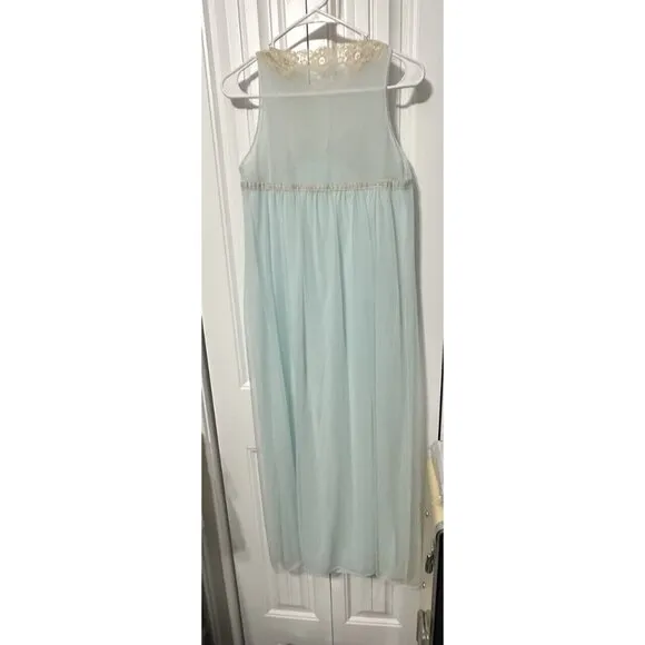 Vintage Blue Nightgown Button Neck Lace Applique Sleeveless Midi Length 2 Layer