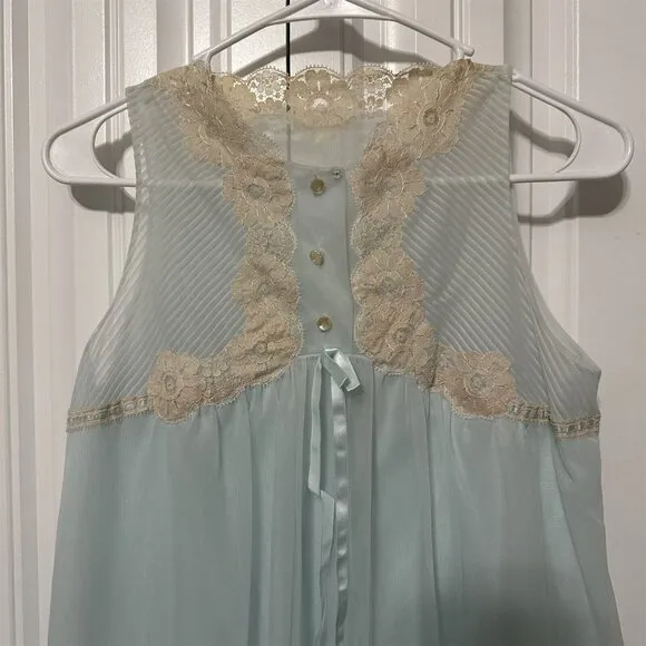 Vintage Blue Nightgown Button Neck Lace Applique Sleeveless Midi Length 2 Layer