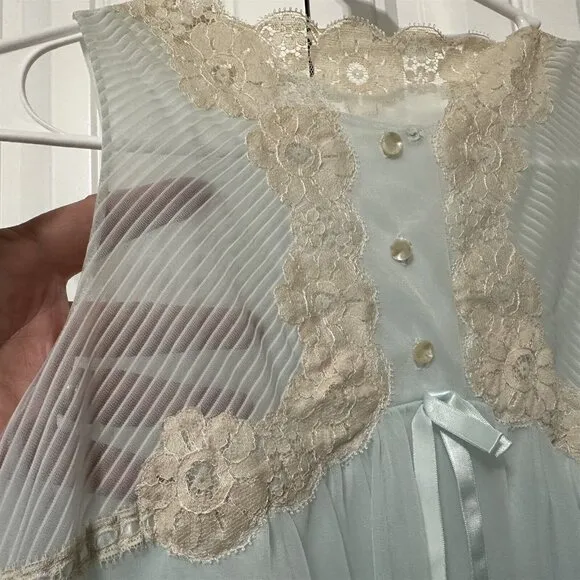 Vintage Blue Nightgown Button Neck Lace Applique Sleeveless Midi Length 2 Layer