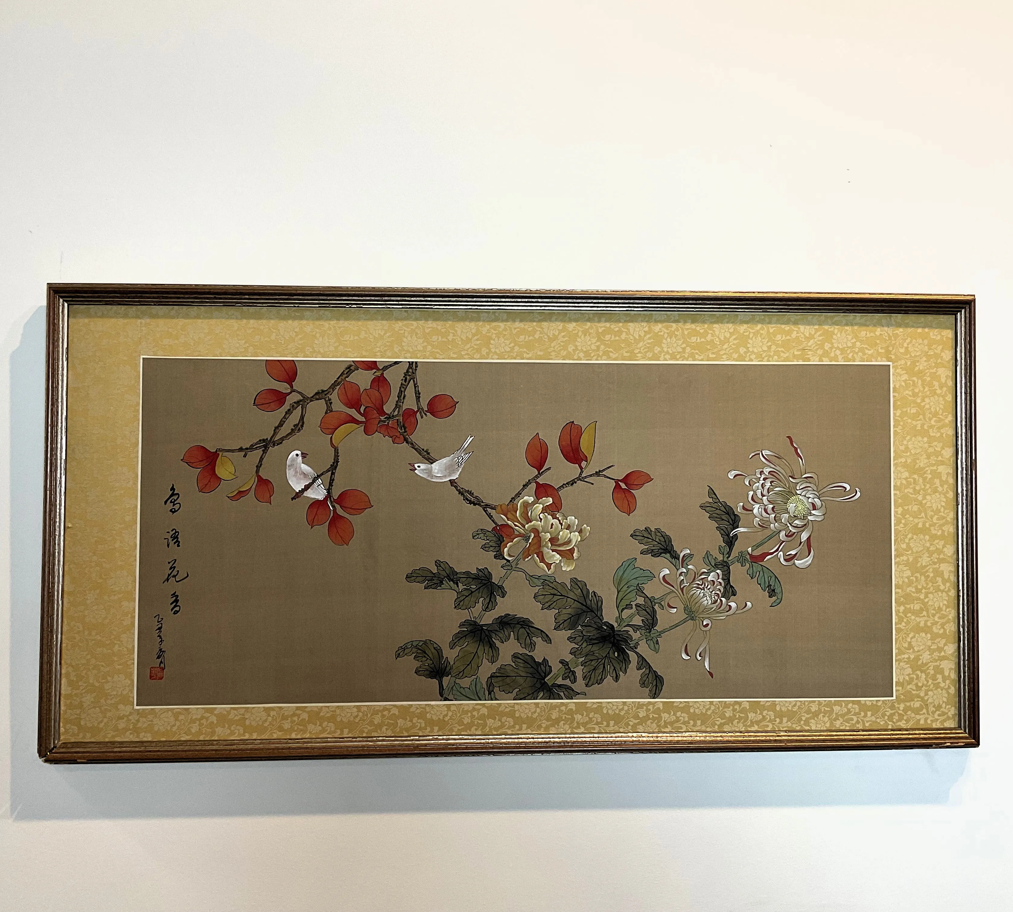 Vintage Chinese Floral Botanical Painting With Bird on Silk .