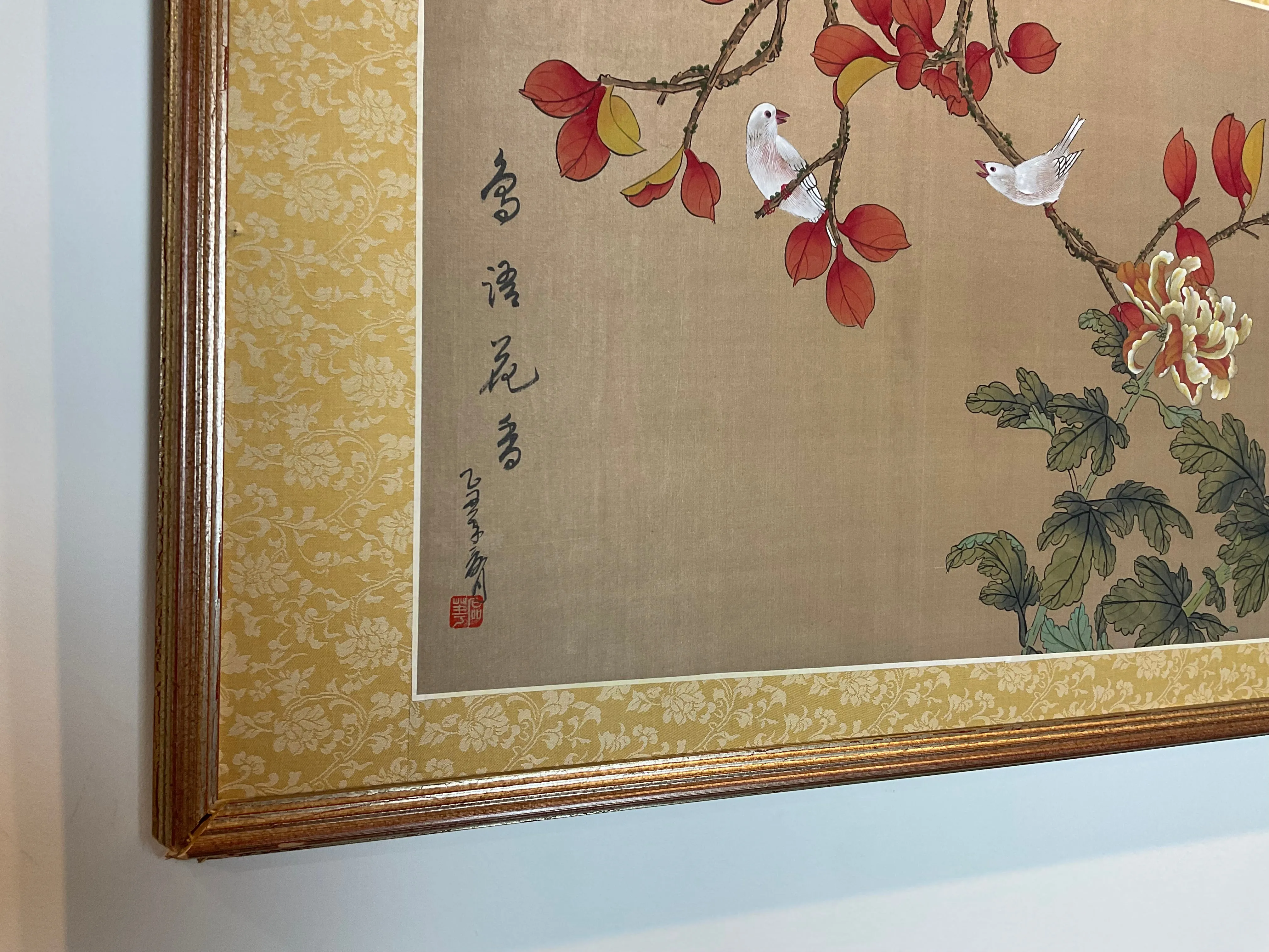 Vintage Chinese Floral Botanical Painting With Bird on Silk .