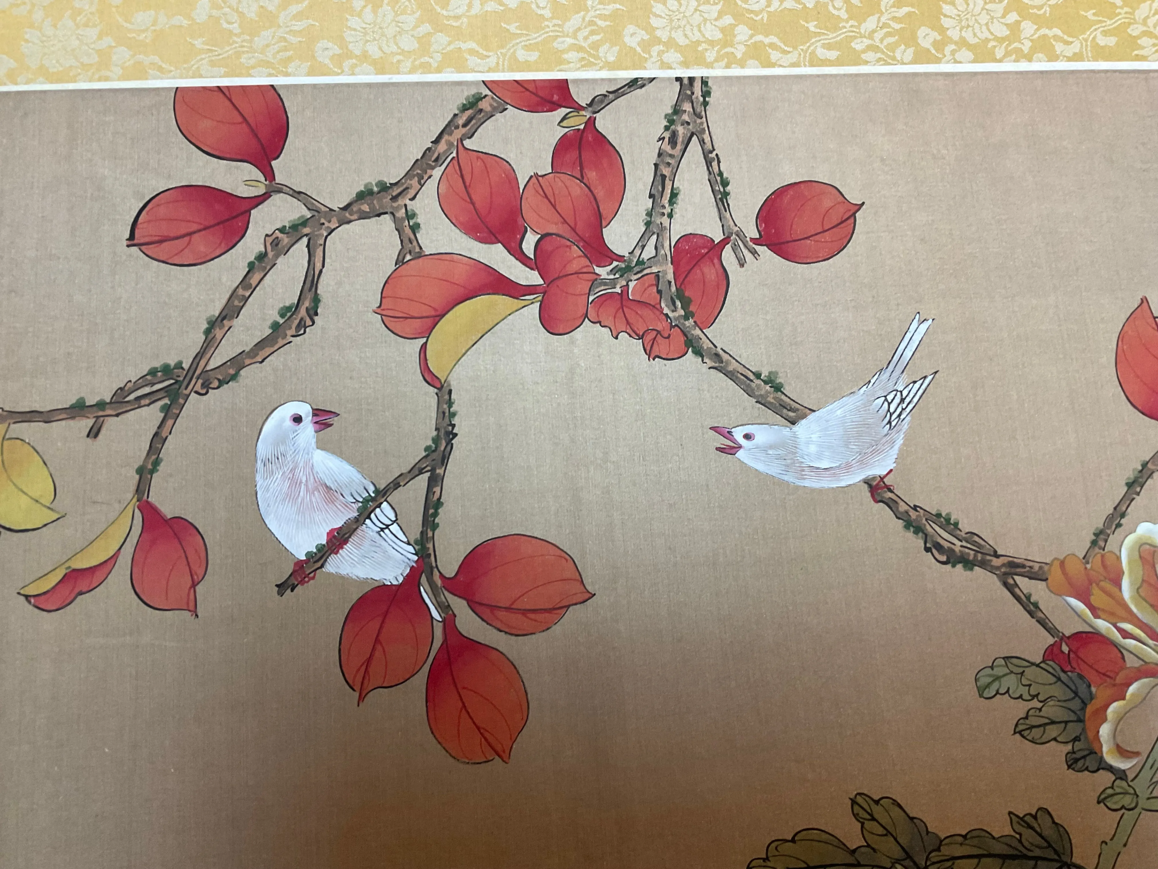 Vintage Chinese Floral Botanical Painting With Bird on Silk .