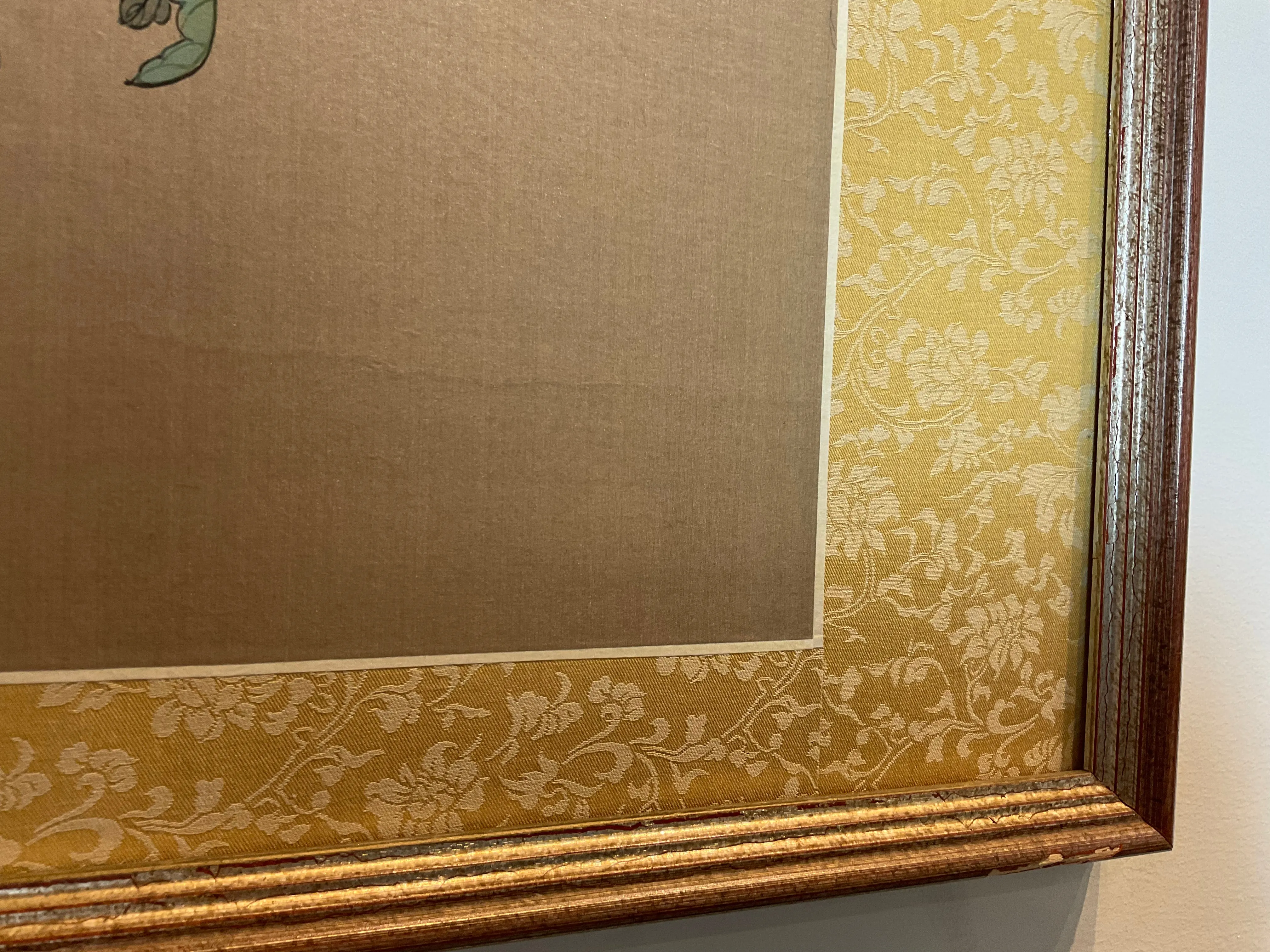 Vintage Chinese Floral Botanical Painting With Bird on Silk .