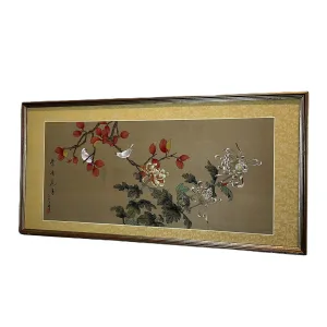 Vintage Chinese Floral Botanical Painting With Bird on Silk .