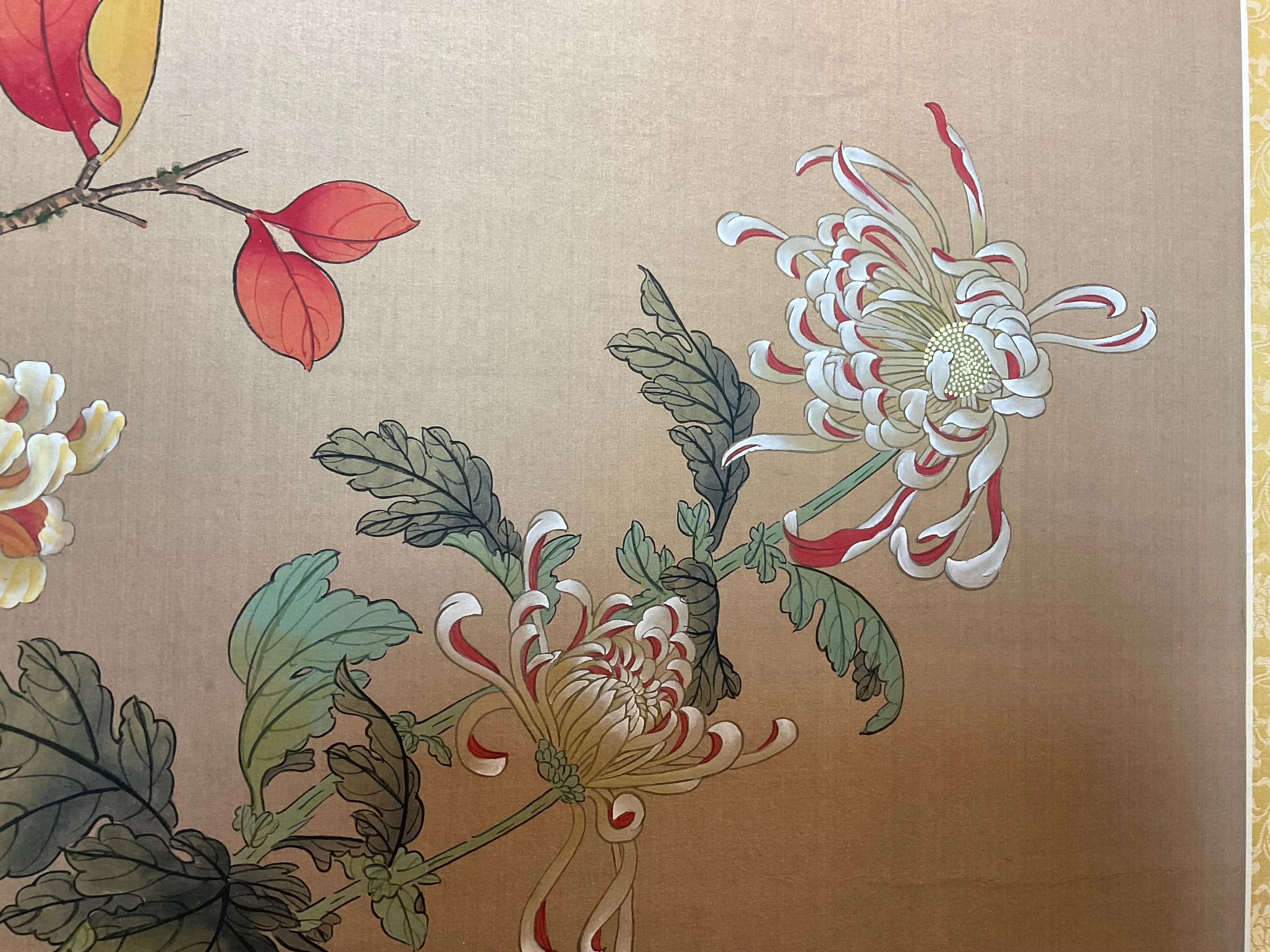 Vintage Chinese Floral Botanical Painting With Bird on Silk .