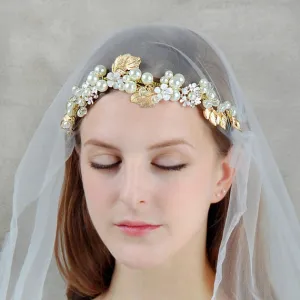 Vintage Gold Floral Leaves Bridal Hair Vine, Pearl Crystal Wedding Headpiece, Bridal Hairpiece Wreath, Bridal Headdress Hair Crown Tiara