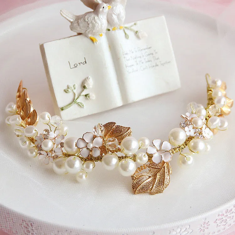 Vintage Gold Floral Leaves Bridal Hair Vine, Pearl Crystal Wedding Headpiece, Bridal Hairpiece Wreath, Bridal Headdress Hair Crown Tiara