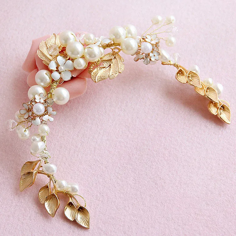 Vintage Gold Floral Leaves Bridal Hair Vine, Pearl Crystal Wedding Headpiece, Bridal Hairpiece Wreath, Bridal Headdress Hair Crown Tiara