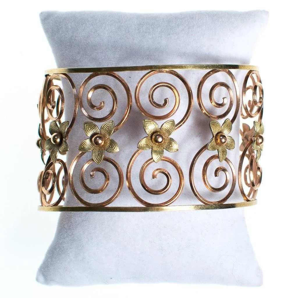 Vintage Krementz Rose and Yellow Gold Floral Scroll Cuff Bracelet