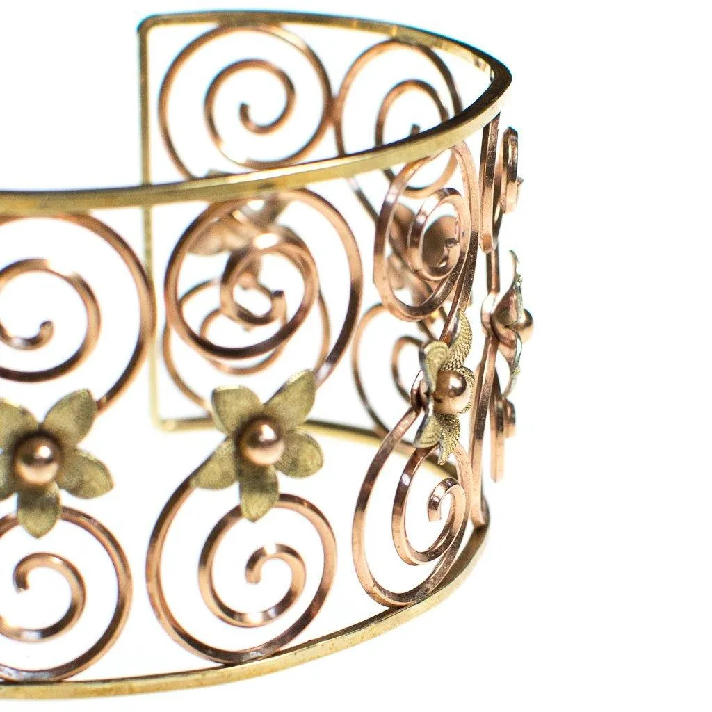 Vintage Krementz Rose and Yellow Gold Floral Scroll Cuff Bracelet