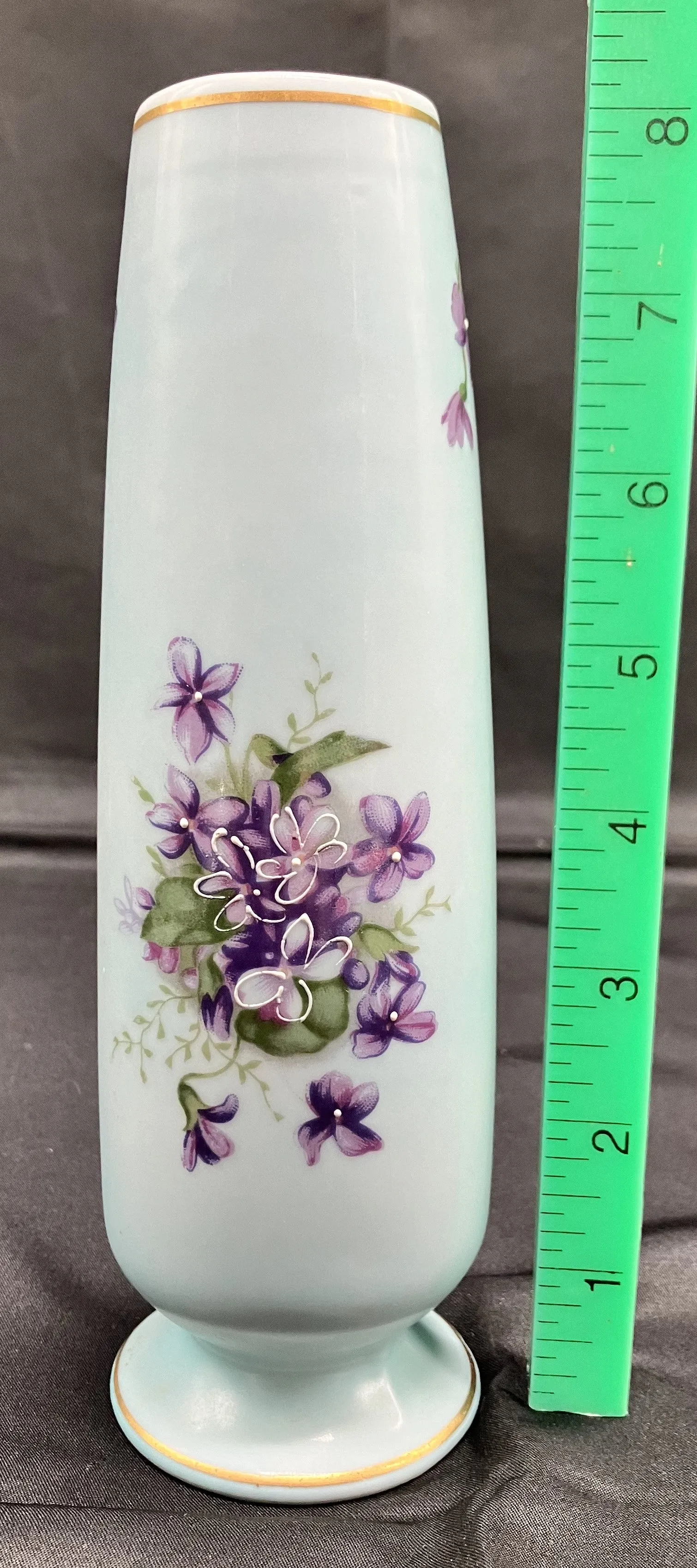 Vintage Norleans Blue Satin Bud Vase with Purple Violets