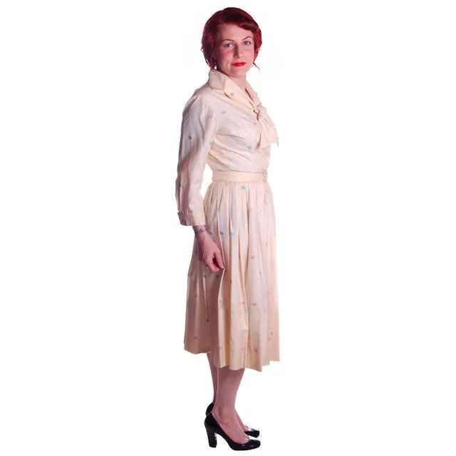 Vintage Silk Day Dress Pavion David Barr 1950s 36-24-Free Palm Tree Guitar Print