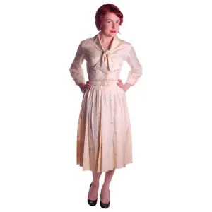 Vintage Silk Day Dress Pavion David Barr 1950s 36-24-Free Palm Tree Guitar Print