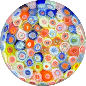 Vintage Strathearn Glass Art Paperweight Colorful Closepack Millefiori on Yellow Ground