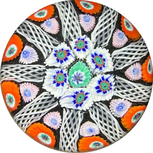 Vintage Strathearn Glass Art Paperweight Colorful Paneled Millefiori and White Filigree on Opaque Black Ground