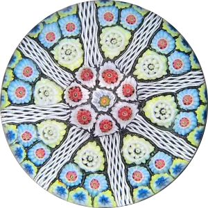 Vintage Strathearn Glass Art Paperweight Colorful Paneled Millefiori and White Filigree on Opaque Black Ground