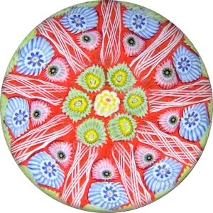 Vintage Strathearn Glass Art Paperweight Colorful Paneled Millefiori and White Filigree on Opaque Red Ground