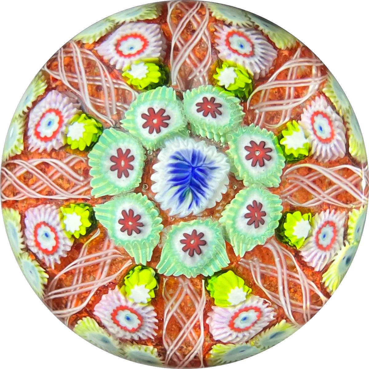 Vintage Strathearn Glass Art Paperweight with Radial Millefiori & Filigree Design on Red