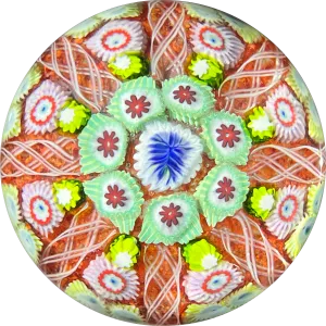 Vintage Strathearn Glass Art Paperweight with Radial Millefiori & Filigree Design on Red