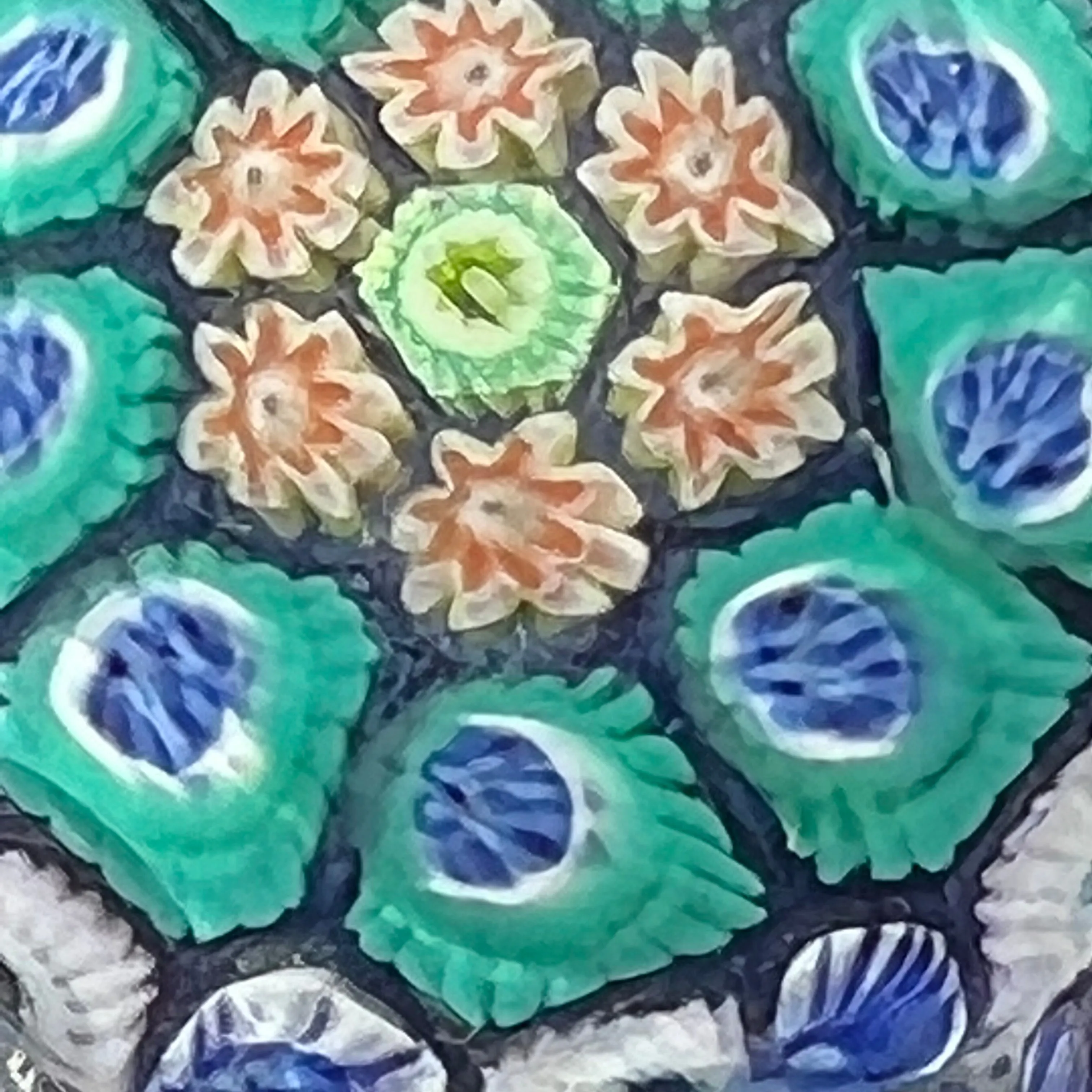 Vintage Strathearn Pressed Star Glass Art Paperweight with Blue Toned Concentric Millefiori