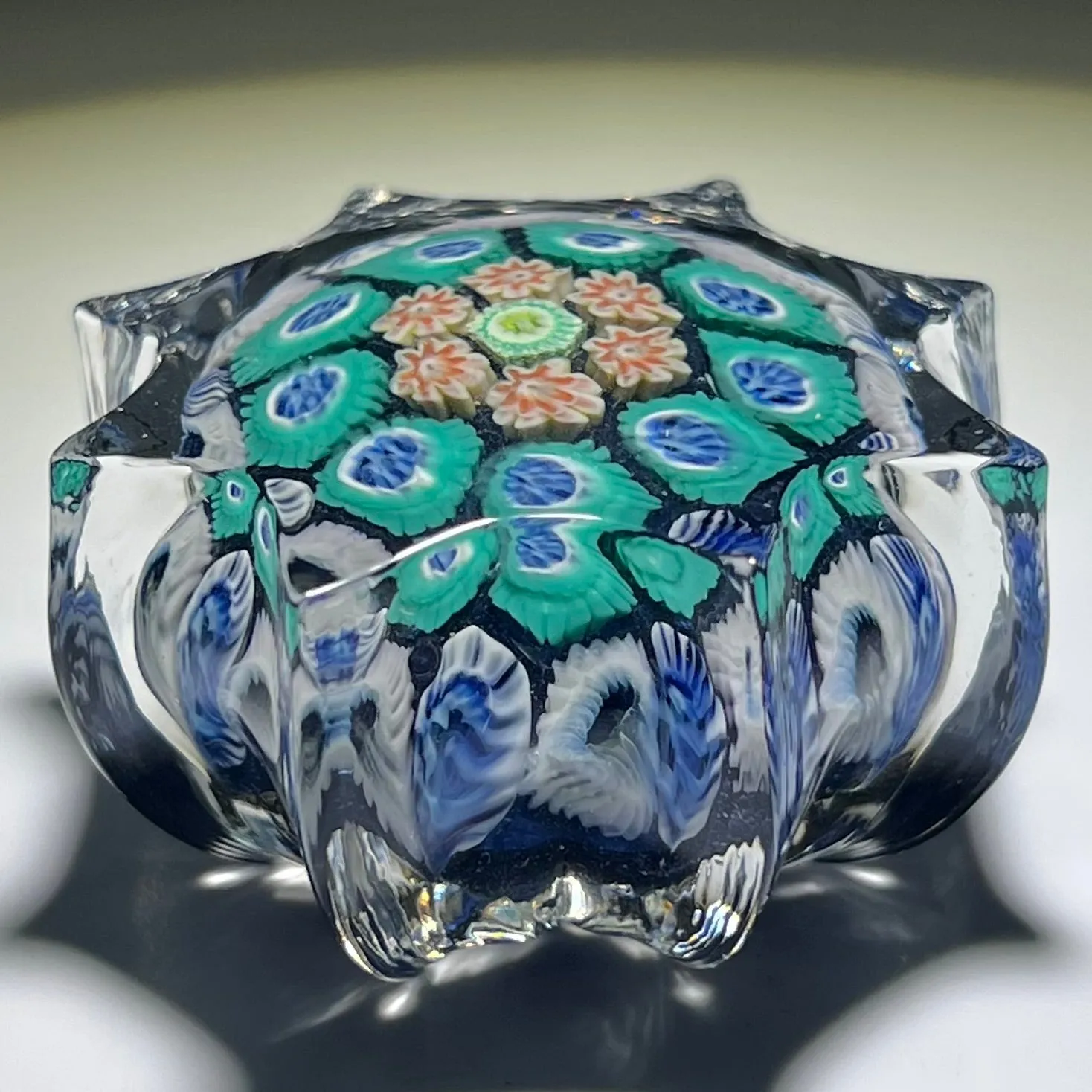 Vintage Strathearn Pressed Star Glass Art Paperweight with Blue Toned Concentric Millefiori