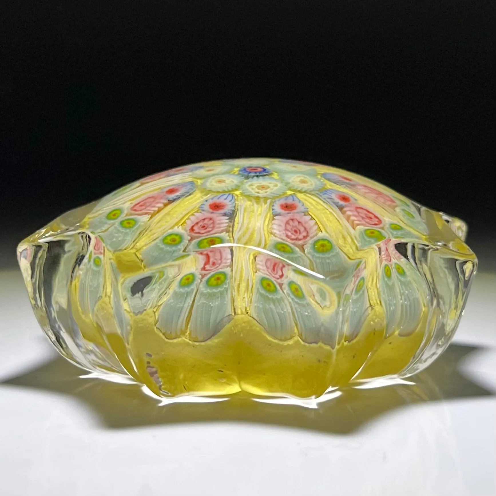 Vintage Strathearn Pressed Star Glass Art Paperweight with Radial Millefiori & Filigree Design on Yellow