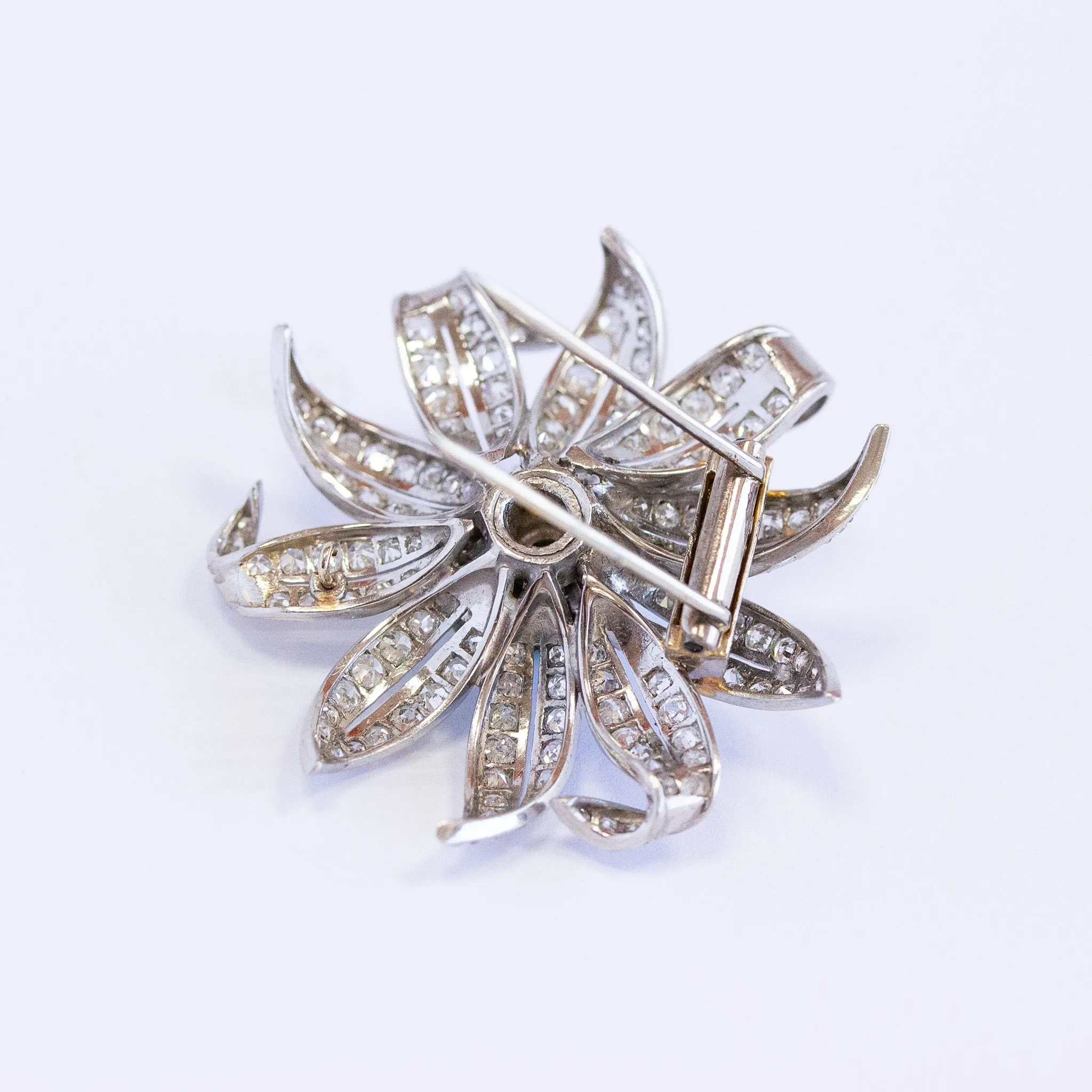 Vintage Turquoise & Diamond Flower Dress Clip, Platinum