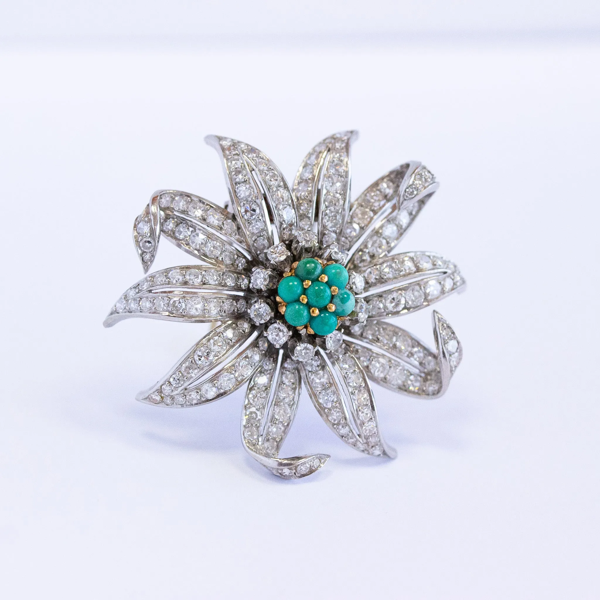 Vintage Turquoise & Diamond Flower Dress Clip, Platinum