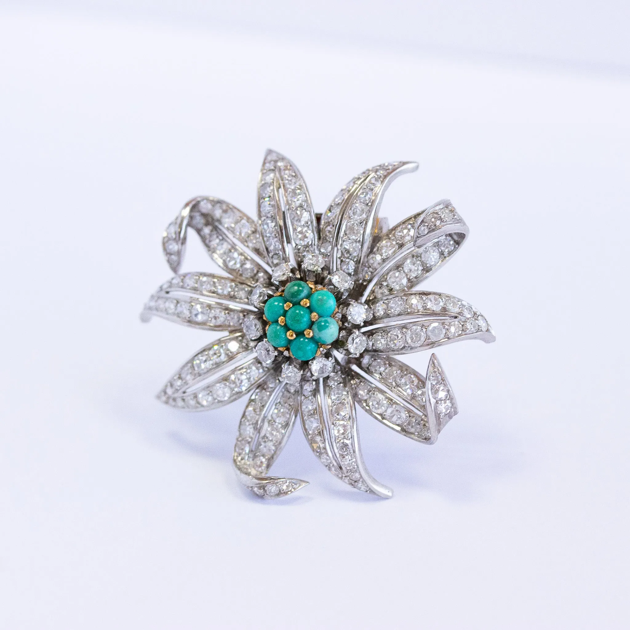 Vintage Turquoise & Diamond Flower Dress Clip, Platinum