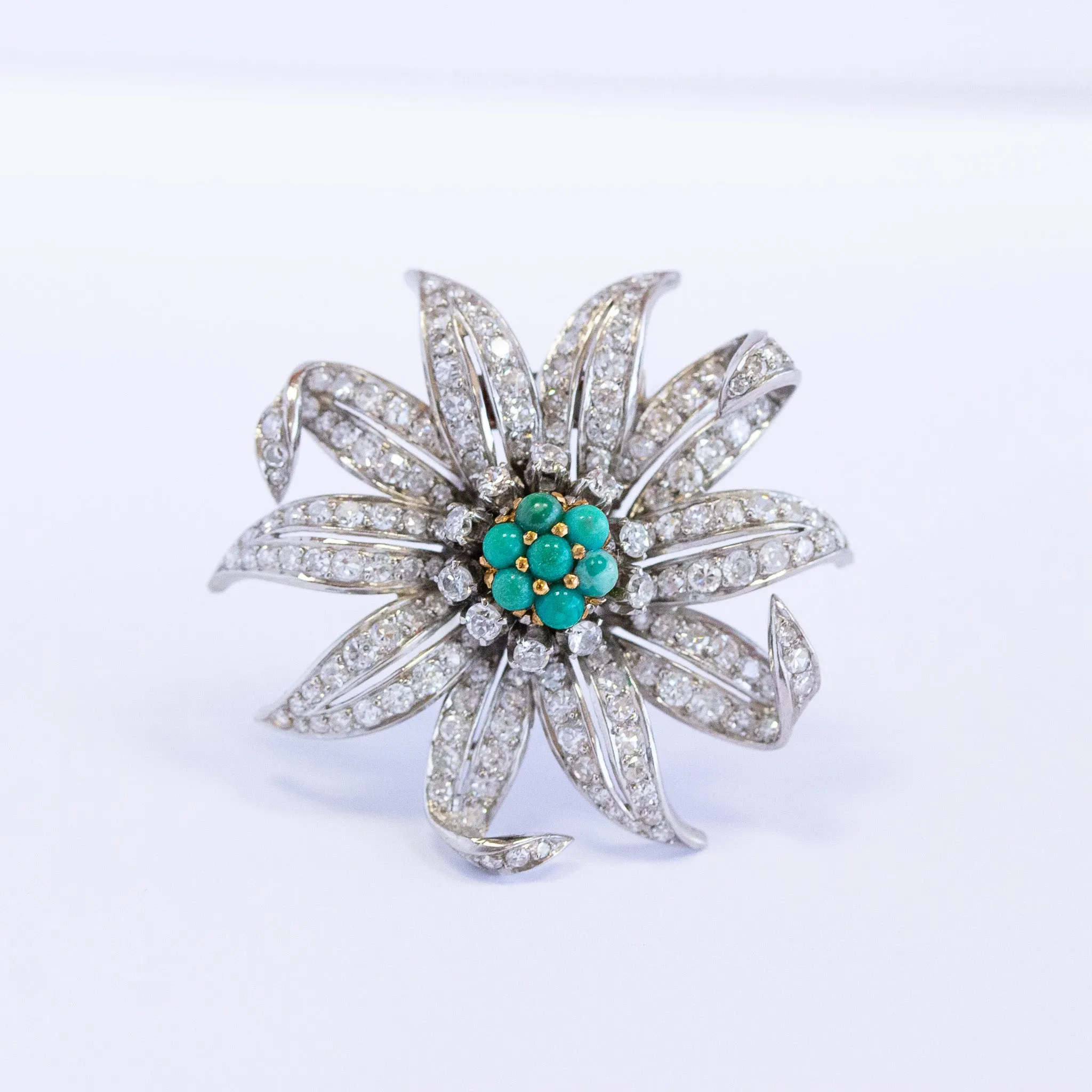 Vintage Turquoise & Diamond Flower Dress Clip, Platinum