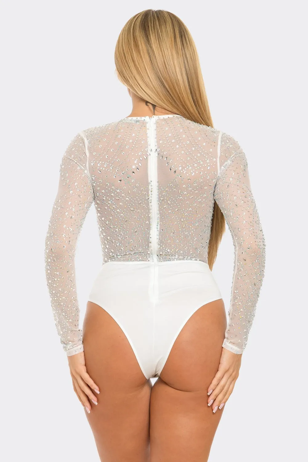 White Rhinestone Mesh Long Sleeve Bodysuit 11/17/24 9315