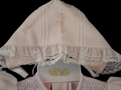 Will'beth Girls Pink Smocked Bodice Heirloom Dress with Bonnet Preemie Newborn
