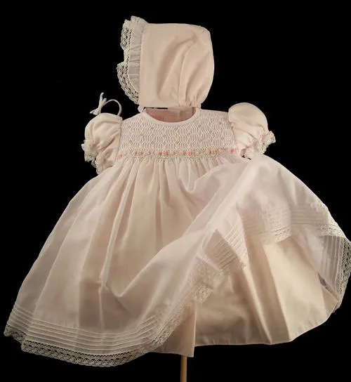Will'beth Girls Pink Smocked Bodice Heirloom Dress with Bonnet Preemie Newborn