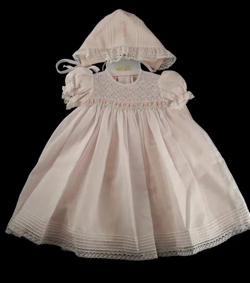 Will'beth Girls Pink Smocked Bodice Heirloom Dress with Bonnet Preemie Newborn