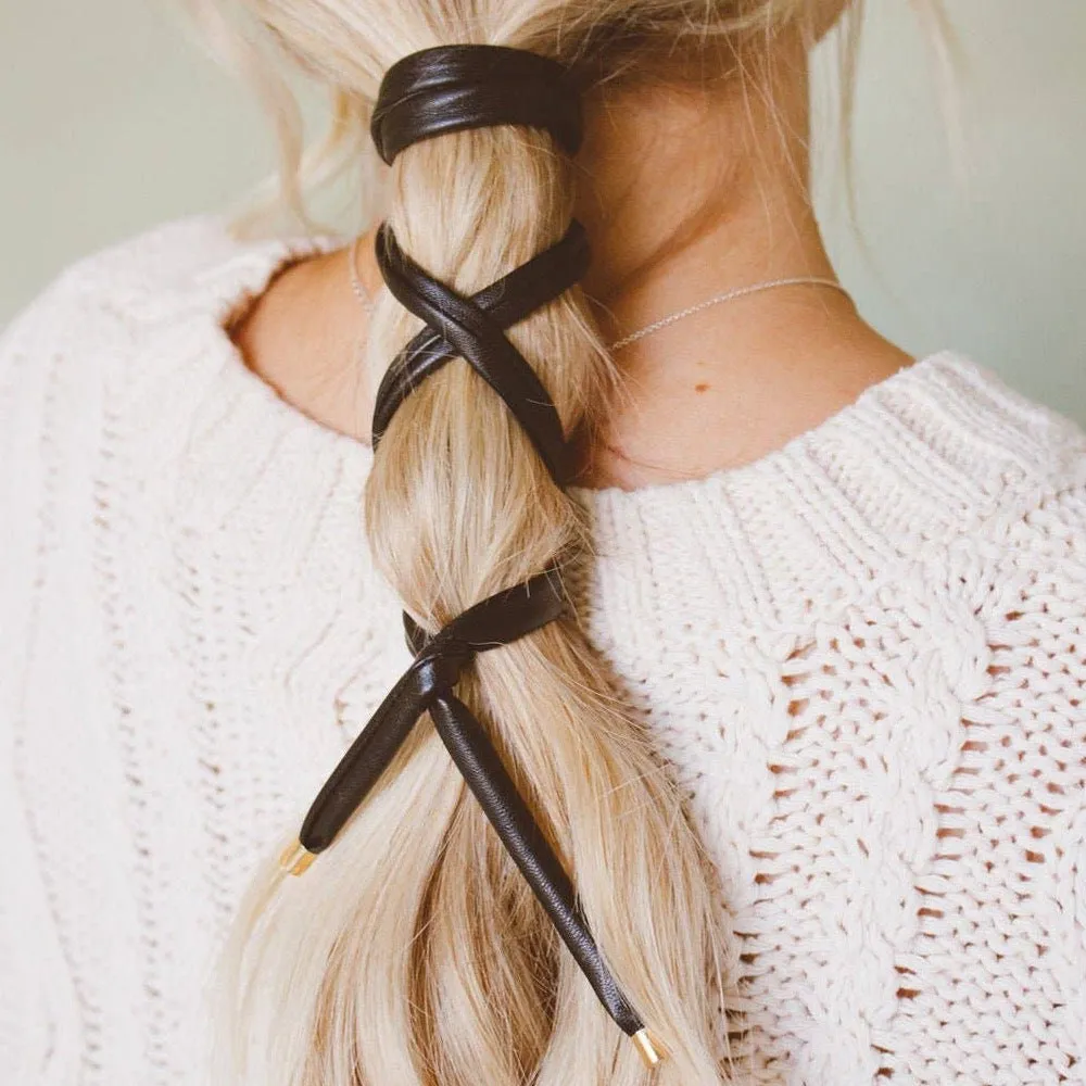 Wire Leather Ponytail Wrap: Black