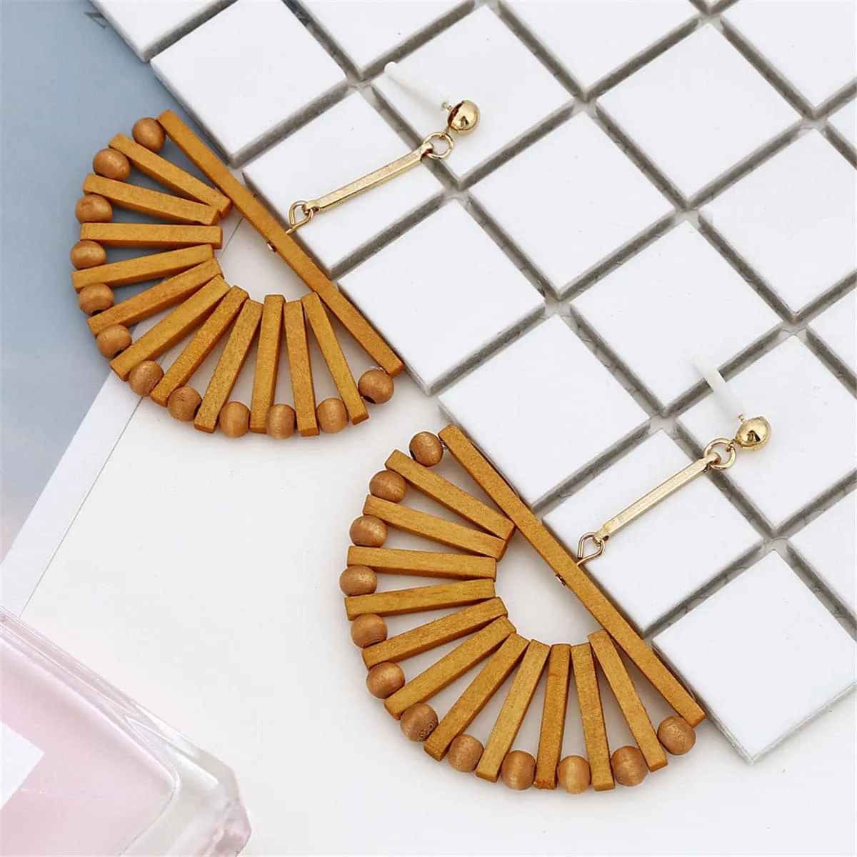 Wood & 18K Gold-Plated Half-Circle Beaded Drop Earrings