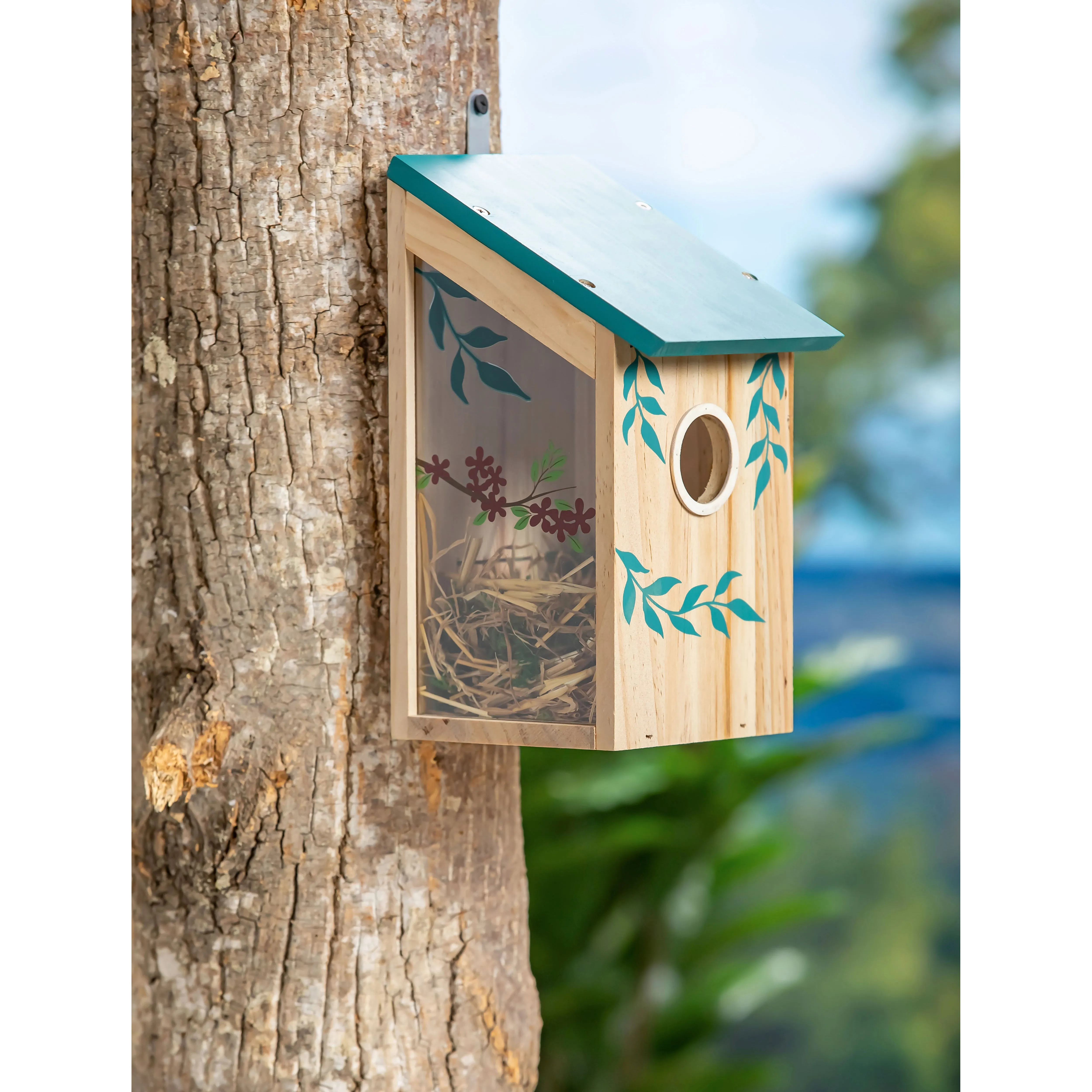 Wooden Bird House with Acrylic Viewing Window, Red Flowers,2bh753